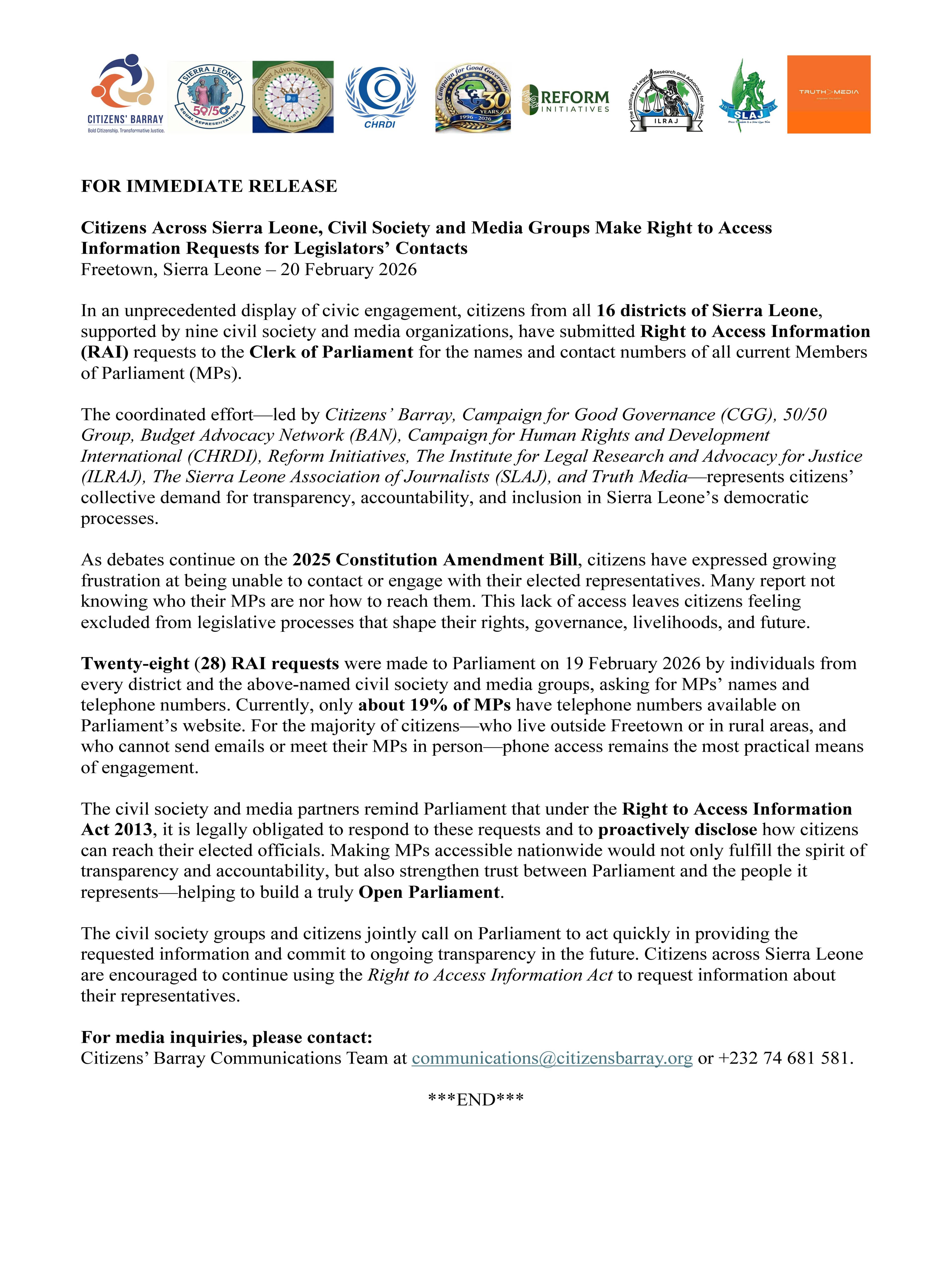 Press Release: Citizens Across Sierra Leone, Civil Society and Media Groups Make Right to Access Information Requests for Legislators’ Contacts