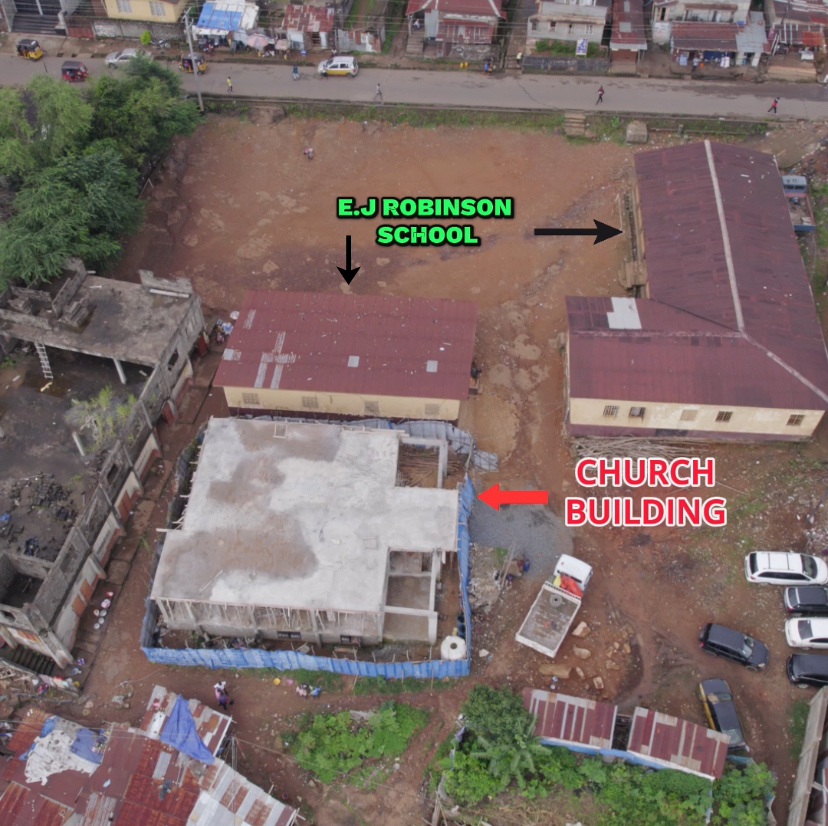 Overhead view of the church construction in the Congo Town school compound