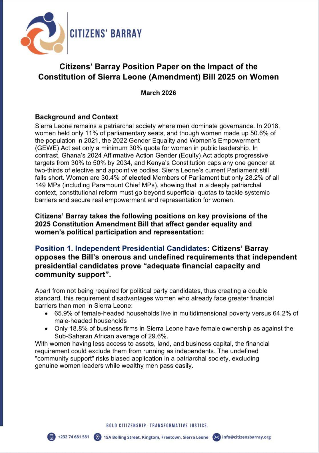 Position Paper: Gender Equality and Women's Empowerment in the Constitution Amendment Bill 2025