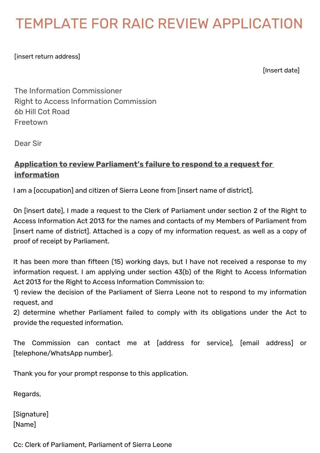 Template: Right to Access Information Commission Review Application for MP Contacts