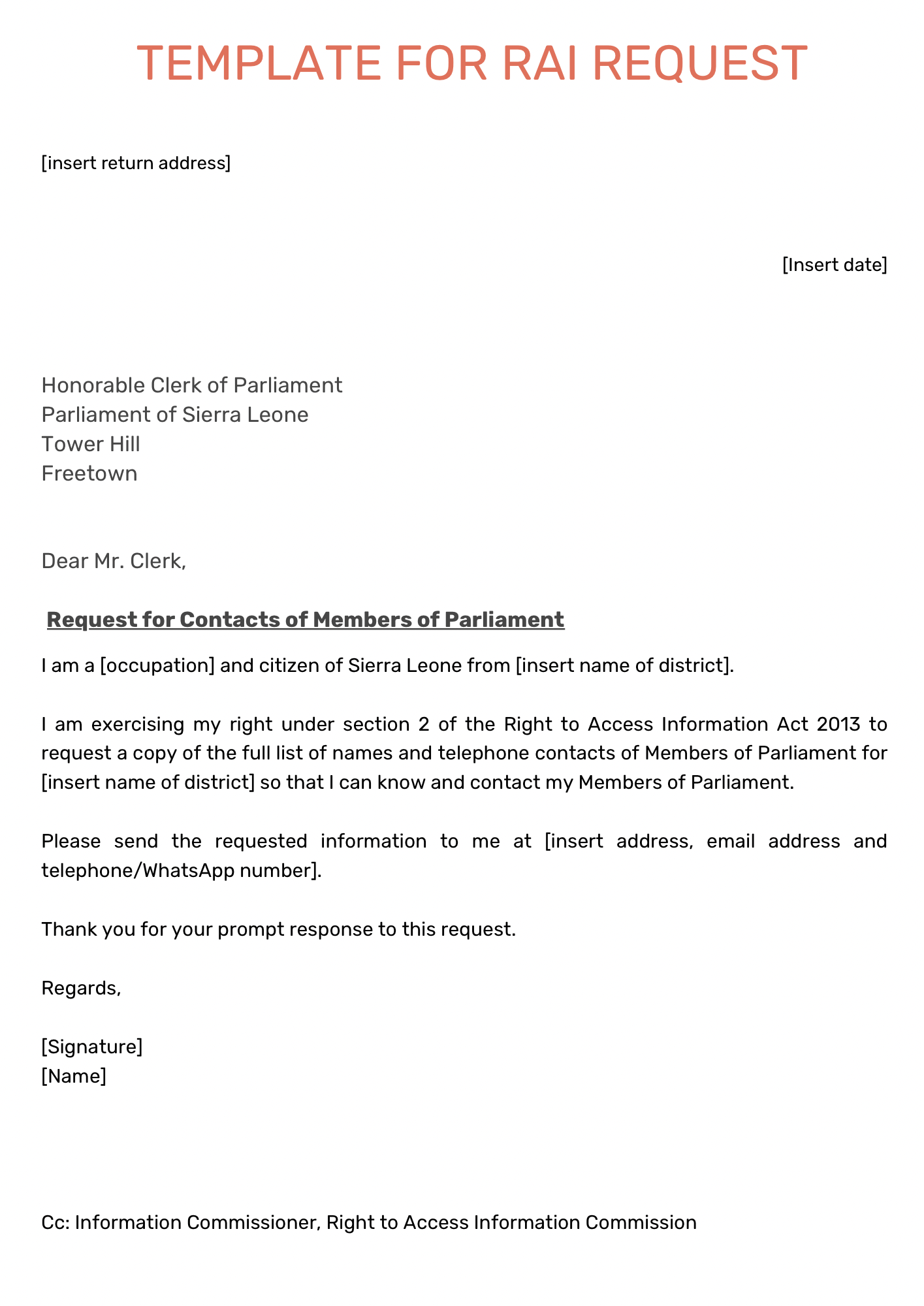 Template: Right to Access Information (RAI) Request for MP Contacts