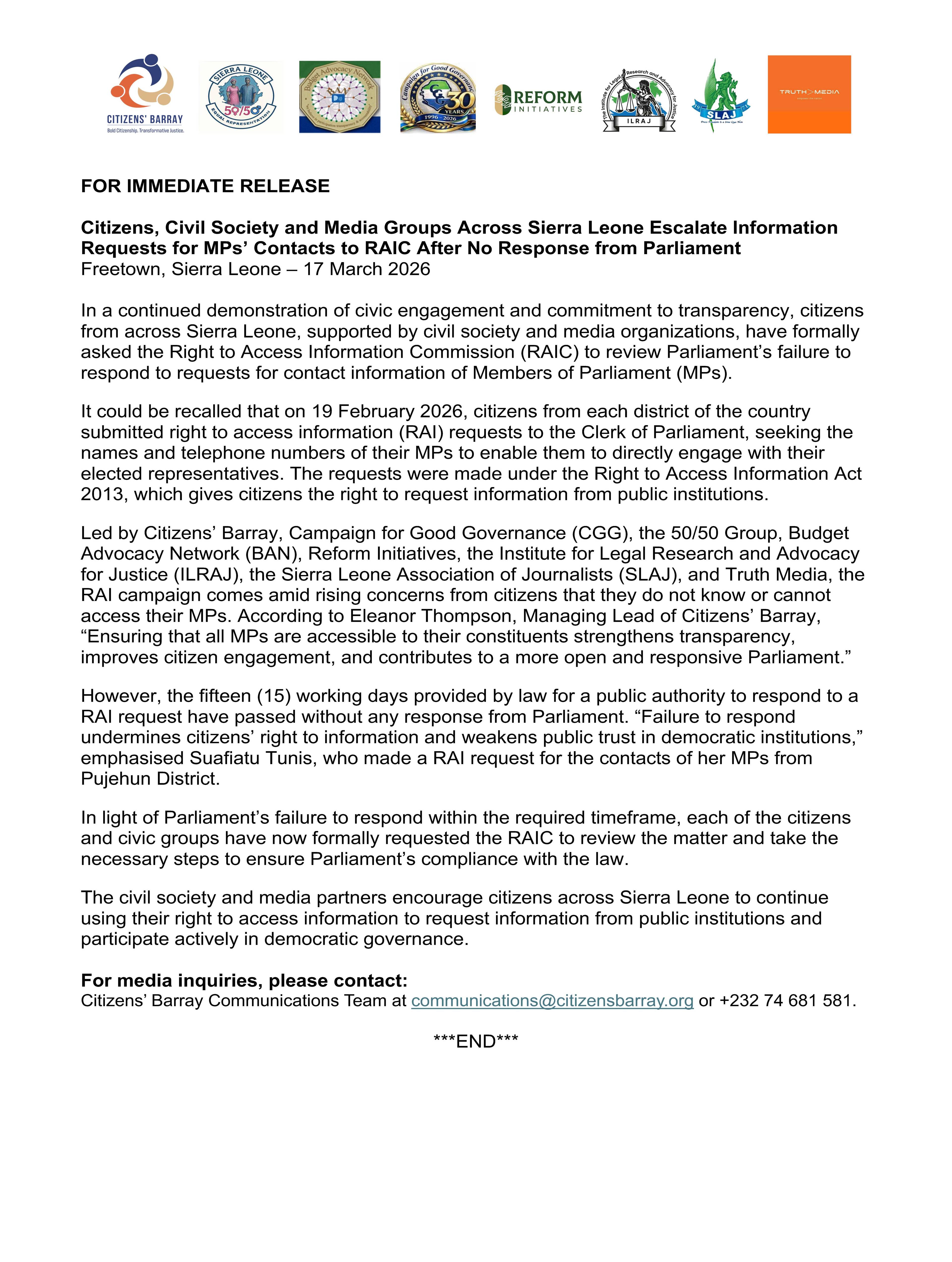 Press Release: Citizens, Civil Society and Media Groups Across Sierra Leone Escalate Information Requests for MPs’ Contacts to RAIC After No Response from Parliament