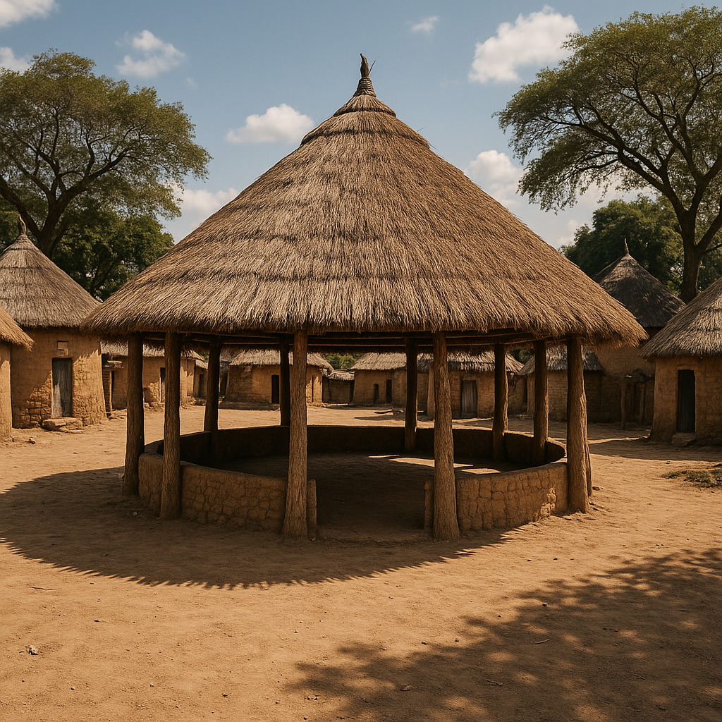 Traditional African village barray - circular thatched-roof meeting hut with wooden support posts in village setting